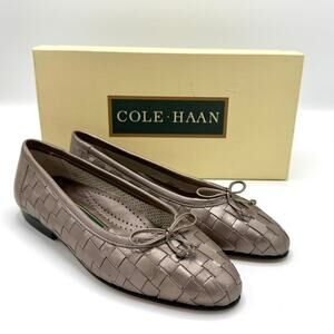 Cole Haan Woven Leather Ballet Flats Metallic Taupe Bronze Sz 5B Bow Detail